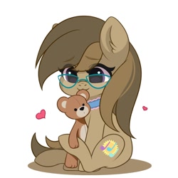 Size: 1080x1080 | Tagged: safe, artist:yomechka, derpibooru import, oc, oc only, oc:dawnsong, earth pony, collar, female, glasses, heart, mouth hold, simple background, solo, tail wag, teddy bear, white background