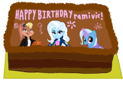 Size: 960x698 | Tagged: safe, artist:catdragon4, derpibooru import, trixie, pony, unicorn, equestria girls, birthday cake, cake, crossover, female, food, lola bunny, looney tunes, mare