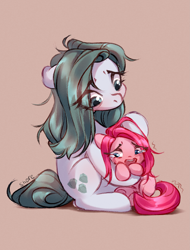 Size: 2205x2894 | Tagged: safe, artist:shore2020, derpibooru import, cloudy quartz, pinkie pie, earth pony, pony, adorable distress, comforting, crying, cute, diapinkes, eye clipping through hair, female, filly, filly pinkie pie, loose hair, mare, mother and child, mother and daughter, parent and child, pinkamena diane pie, sad, sadorable, simple background, teary eyes, younger