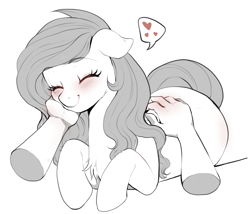 Size: 2045x1748 | Tagged: safe, artist:evomanaphy, derpibooru import, oc, oc:shadow blue, earth pony, human, pony, back scratching, behaving like a cat, blushing, chest fluff, cuddling, cute, disembodied hand, eyelashes, eyes closed, feelings, floating heart, hand, heart, hnnng, monochrome, not fluttershy, ocbetes, offscreen character, pat, patreon, patreon reward, petting, pony pet, pov, smiling, speech bubble