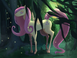 Size: 1024x768 | Tagged: safe, artist:magdaleria, derpibooru import, fluttershy, firefly (insect), insect, pegasus, pony, cute, female, forest, mare, shyabetes, solo