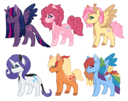 Size: 1280x1009 | Tagged: safe, artist:the-dragolotl, derpibooru import, applejack, fluttershy, pinkie pie, rainbow dash, rarity, twilight sparkle, twilight sparkle (alicorn), alicorn, earth pony, pegasus, pony, unicorn, base used, colored wings, ethereal mane, ethereal wings, fangs, female, food, mane six, mare, multicolored wings, rainbow wings, scar, sprinkles, starry mane, wings
