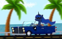 Size: 2833x1817 | Tagged: safe, artist:flammerfime, derpibooru import, princess luna, alicorn, pony, car, convertible, cool, cutie mark, palm tree, road, seaside, solo, tree