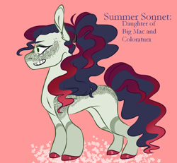 Size: 1024x946 | Tagged: safe, artist:hawklesscorruption, derpibooru import, oc, oc:summer sonnet, earth pony, pony, colored hooves, female, freckles, mare, offspring, parent:big macintosh, parent:coloratura, parents:raramac, red background, simple background, solo