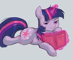 Size: 1791x1473 | Tagged: safe, artist:poofindi, derpibooru import, twilight sparkle, unicorn twilight, pony, unicorn, book, female, glowing horn, horn, lying down, magic, magic aura, reading, solo, telekinesis