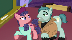 Size: 1920x1080 | Tagged: safe, derpibooru import, screencap, on stage, raspberry beret, earth pony, pony, horse play, beret, clothes, female, hat, jacket, looking at each other, male, mare, stallion