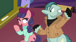 Size: 1920x1080 | Tagged: safe, derpibooru import, screencap, on stage, raspberry beret, earth pony, pony, horse play, beret, clothes, female, hat, jacket, male, stallion