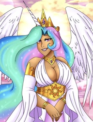 Size: 1556x2021 | Tagged: safe, artist:mscreepyplaguedoctor, derpibooru import, princess celestia, human, alicorn humanization, alternate hairstyle, bedroom eyes, bracelet, breasts, clothes, cloud, crown, dress, female, grin, horn, horned humanization, humanized, jewelry, princess breastia, regalia, sky, smiling, solo, sun, winged humanization, wings