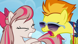 Size: 1920x1080 | Tagged: safe, derpibooru import, screencap, angel wings, spitfire, pegasus, pony, eyes closed, female, mare, open mouth, yelling
