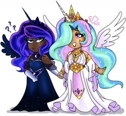 Size: 1975x1828 | Tagged: safe, artist:mscreepyplaguedoctor, derpibooru import, princess celestia, princess luna, human, alicorn humanization, alternate hairstyle, bracelet, chibi, clothes, crown, dark skin, dress, duo, evening gloves, female, gloves, grin, holding hands, horn, horned humanization, humanized, jewelry, long gloves, question mark, regalia, royal sisters, siblings, simple background, sisters, smiling, white background, winged humanization, wings