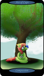 Size: 1500x2591 | Tagged: safe, artist:sixes&sevens, derpibooru import, part of a set, tree hugger, butterfly, earth pony, ace of cups, female, food, lotus position, minor arcana, mug, outdoors, sitting, solo, tarot card, tea, tree