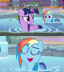 Size: 1280x1440 | Tagged: safe, derpibooru import, edit, edited screencap, screencap, rainbow dash, twilight sparkle, twilight sparkle (alicorn), alicorn, pegasus, pony, spoiler:deep tissue memories, spoiler:mlp friendship is forever, caption, cute, dashabetes, deep tissue memories, duo, female, folded wings, hot tub, image macro, looking at each other, looking back, mare, meme, ponified, ponified meme, ponyville spa, raised eyebrow, smiling, template, text, water, wet, wet mane, wet mane rainbow dash, wings