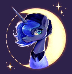 Size: 1407x1440 | Tagged: safe, artist:kotkkira, derpibooru import, princess luna, alicorn, pony, crescent moon, hat, moon, simple background, solo