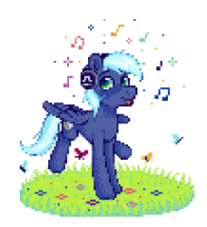 Size: 545x597 | Tagged: safe, artist:kotkkira, derpibooru import, oc, oc only, oc:moonlight drop, pegasus, pony, earbuds, headphones, music notes, pixel art, solo