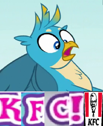 Size: 496x608 | Tagged: safe, derpibooru import, editor:horsesplease, gallus, caption, expand dong, exploitable meme, gallus the rooster, image macro, kfc, meme