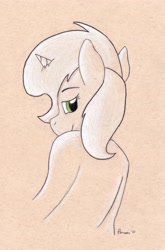 Size: 3296x4991 | Tagged: safe, artist:peruserofpieces, derpibooru import, oc, oc:petina, pony, unicorn, drawing, female, looking at you, looking back, looking over shoulder, mare, smiling, smiling at you, toned paper, traditional art