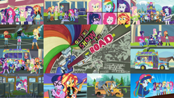 Size: 1280x721 | Tagged: safe, derpibooru import, edit, edited screencap, editor:quoterific, screencap, applejack, big macintosh, fluttershy, pinkie pie, rainbow dash, rarity, sci-twi, sunset shimmer, twilight sparkle, bird, eqg summertime shorts, equestria girls, get the show on the road, applejack's hat, bass guitar, boots, canterlot high, clothes, cowboy boots, cowboy hat, cute, cutie mark, cutie mark on clothes, denim skirt, drums, drumsticks, eyes closed, female, geode of empathy, geode of fauna, geode of shielding, geode of sugar bombs, geode of super speed, geode of super strength, geode of telekinesis, guitar, hairpin, hat, humane five, humane seven, humane six, jewelry, magical geodes, male, microphone, musical instrument, necklace, oil, ponied up, rainbow dash is not amused, rapper dash, school bus, shoes, shyabetes, skirt, smiling, tambourine, the rainbooms, the rainbooms tour bus, twiabetes, unamused, wings