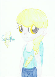 Size: 1024x1419 | Tagged: safe, artist:loverdandluna, derpibooru import, sassaflash, human, clothes, colored pencil drawing, cutie mark, cutie mark on clothes, female, folded wings, humanized, lightning, signature, simple background, smiling, tanktop, traditional art, white background, wings