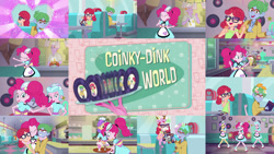 Size: 1280x721 | Tagged: safe, derpibooru import, edit, edited screencap, editor:quoterific, screencap, pinkie pie, coinky-dink world, eqg summertime shorts, equestria girls, apron, cafeteria, clothes, cute, dancing, diapinkes, eyes closed, female, male, roller skates