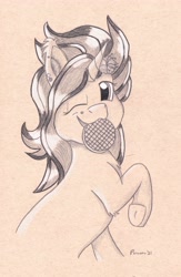 Size: 3144x4827 | Tagged: safe, artist:peruserofpieces, derpibooru import, oc, pony, unicorn, drawing, female, flower, flower in hair, fluffy, food, jewelry, looking at you, mare, mouth hold, one eye closed, raised hoof, raised leg, smiling, toned paper, traditional art, waffle, wink, winking at you