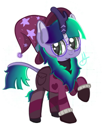 Size: 820x1001 | Tagged: safe, artist:orbitingdamoon, derpibooru import, oc, oc only, oc:tutti frutti, kirin, pony, clothes, female, filly, glasses, gradient mane, hat, simple background, solo, transparent background, wizard hat