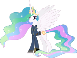 Size: 1280x963 | Tagged: safe, artist:andoanimalia, artist:ponygamer2020, derpibooru import, princess celestia, alicorn, pony, fallout equestria, absurd resolution, clothes, crown, fallout, female, jewelry, looking at you, mare, pipboy, regalia, simple background, solo, transparent background, vault suit, vector