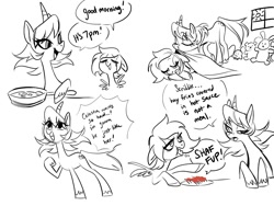 Size: 1232x927 | Tagged: safe, artist:glacierclear, derpibooru import, oc, oc:sleepy scribble, oc:sunny sorbet, pegasus, pony, unicorn, blanket, cooking, dialogue, duo, eyes closed, female, food, freckles, french fries, hay fries, horn, hot sauce, lidded eyes, mare, monochrome, neo noir, partial color, pegasus oc, plushie, raised hoof, raised leg, roommates, simple background, sketch, sleeping, speech bubble, spread wings, sun, talking with your mouth full, tucking in, unicorn oc, white background, wings