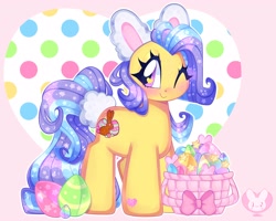 Size: 4000x3200 | Tagged: safe, artist:bunxl, derpibooru import, earth pony, pony, g3, basket, blushing, bunny ears, easter, easter egg, gigglebean, holiday, looking at you, one eye closed, smiling, solo, wink