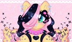 Size: 4096x2403 | Tagged: safe, artist:bunxl, derpibooru import, fluttershy, pegasus, pony, collar, ear piercing, earring, emoshy, glitter, heart, jewelry, nose piercing, nose ring, piercing, ponymania, solo, spiked collar, spread wings, wings