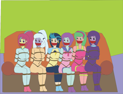 Size: 1070x817 | Tagged: safe, artist:caido58, derpibooru import, indigo zap, lemon zest, sour sweet, sugarcoat, sunny flare, twilight sparkle, equestria girls, arm behind back, bondage, bound and gagged, clothes, gag, pajamas, rope, rope bondage, shadow five, sitting, socks, sofa, stocking feet, tied up