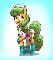 Size: 3200x3600 | Tagged: safe, artist:rocket-lawnchair, derpibooru import, oc, oc only, oc:millie, earth pony, pony, clothes, nurse outfit, socks, solo, striped socks