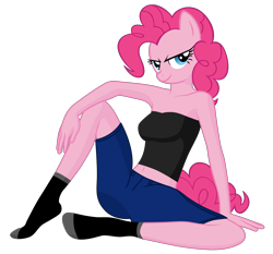 Size: 4840x4518 | Tagged: safe, artist:lexx disaster, derpibooru import, edit, pinkie pie, anthro, earth pony, plantigrade anthro, anonymous editor, bare shoulders, clothes, denim shorts, female, looking at you, shorts, simple background, socks, solo, stocking feet, transparent background, tube top