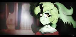 Size: 2220x1080 | Tagged: safe, artist:diamondgreenanimat0, derpibooru import, oc, oc only, oc:diamondgreen, equestria girls, background, black hair, clothes, detailed, detailed background, eye, eyes, fear, girly, green hair, scene interpretation, shadow, shirt, solo, watching