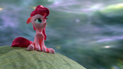 Size: 3840x2160 | Tagged: safe, artist:xppp1n, pinkie pie, earth pony, pony, 3d, blender, blender cycles, ears, female, floppy ears, frown, looking up, mare, moon, sitting, solo