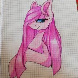 Size: 1080x1080 | Tagged: safe, artist:tessa_key_, derpibooru import, pinkie pie, earth pony, pony, bedroom eyes, bust, eyelashes, female, graph paper, mare, pinkamena diane pie, smiling, solo, traditional art