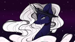 Size: 1080x608 | Tagged: safe, artist:tessa_key_, derpibooru import, princess luna, alicorn, pony, alternate design, bust, ethereal mane, eyelashes, female, horn, horn jewelry, jewelry, mare, night, redesign, smiling, solo, starry mane, stars