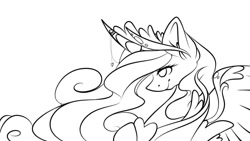 Size: 1080x608 | Tagged: safe, artist:tessa_key_, derpibooru import, princess cadance, alicorn, pony, alternate design, bust, curved horn, ear fluff, ears, ethereal mane, eyelashes, female, horn, horn jewelry, jewelry, lineart, mare, monochrome, peytral, redesign, simple background, smiling, solo, starry mane, tiara, white background, wings