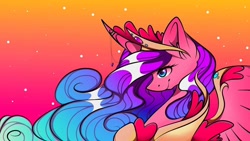 Size: 1080x608 | Tagged: safe, alternate version, artist:tessa_key_, derpibooru import, princess cadance, alicorn, pony, abstract background, alternate design, bust, colored, curved horn, ear fluff, ears, ethereal mane, eyelashes, female, horn, horn jewelry, jewelry, mare, peytral, redesign, smiling, solo, starry mane, stars, tiara, wings