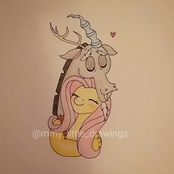Size: 1071x1071 | Tagged: safe, artist:mmy_little_drawings, derpibooru import, discord, fluttershy, draconequus, pegasus, blushing, bust, discoshy, eyes closed, female, heart, hug, male, mare, obtrusive watermark, shipping, smiling, straight, traditional art, watermark