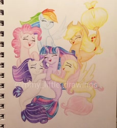 Size: 1078x1176 | Tagged: safe, artist:mmy_little_drawings, derpibooru import, applejack, fluttershy, pinkie pie, rainbow dash, rarity, twilight sparkle, seapony (g4), eyelashes, eyes closed, female, hat, horn, mane six, obtrusive watermark, open mouth, seaponified, smiling, species swap, traditional art, watermark