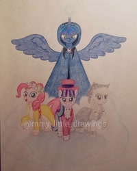 Size: 1079x1349 | Tagged: safe, artist:mmy_little_drawings, derpibooru import, applejack, pinkie pie, princess luna, snowfall frost, spirit of hearth's warming past, starlight glimmer, alicorn, earth pony, pony, unicorn, cloak, clothes, eyelashes, female, frown, hat, horn, mare, obtrusive watermark, spirit of hearth's warming presents, spirit of hearth's warming yet to come, spread wings, top hat, traditional art, watermark, wings