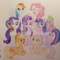 Size: 1024x1024 | Tagged: safe, artist:mmy_little_drawings, derpibooru import, applejack, fluttershy, pinkie pie, rainbow dash, rarity, spike, starlight glimmer, twilight sparkle, twilight sparkle (alicorn), alicorn, earth pony, pegasus, pony, unicorn, eyelashes, female, hat, horn, lying down, mane seven, mane six, mane six opening poses, mare, obtrusive watermark, prone, raised hoof, raised leg, smiling, traditional art, watermark, wings