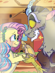 Size: 899x1200 | Tagged: safe, artist:cocolove2176, derpibooru import, discord, fluttershy, draconequus, pegasus, pony, blushing, bust, discoshy, eyelashes, female, holding hands, indoors, looking at each other, male, mare, shipping, smiling, straight