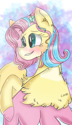 Size: 540x938 | Tagged: safe, artist:cocolove2176, derpibooru import, fluttershy, pegasus, pony, abstract background, alternate design, blushing, eyelashes, female, mare, smiling, solo, two toned wings, wings