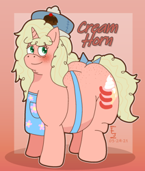 Size: 1444x1699 | Tagged: safe, artist:icecreamjaxxie, derpibooru import, oc, oc only, oc:cream horn, pony, unicorn, apron, bags under eyes, belly, big belly, bow, brownie, butt, cake, clothes, double chin, fat, female, food, hat, large butt, looking at you, mare, mother, smiling, solo, stretched cutie mark, tail bow