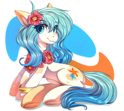 Size: 5624x5045 | Tagged: safe, artist:ask-colorsound, derpibooru import, oc, oc only, oc:seascape, earth pony, pony, bracelet, cute, female, jewelry, lei, looking at you, mare, simple background, sitting, smiling, smiling at you, solo, solo female, underhoof