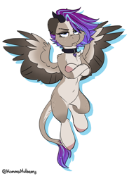 Size: 1216x1652 | Tagged: safe, artist:mulberrytarthorse, derpibooru import, oc, oc:ouija, belly, collar, flying, folded forelegs, freckles, grumpy, horns, piercing