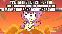 Size: 1136x640 | Tagged: safe, derpibooru import, edit, edited screencap, screencap, fluttershy, unicorn, my little pony: pony life, caption, elon musk, evil grin, grin, harambe, image macro, money, rap, rich, smiling, text, vulgar, wealthy