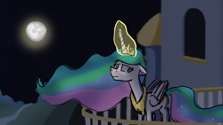 Size: 3840x2160 | Tagged: safe, artist:dark shadow, derpibooru import, princess celestia, alicorn, pony, balcony, crying, ears, floppy ears, glowing horn, horn, mare in the moon, moon, moon work, night, sad, solo