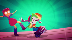 Size: 1280x720 | Tagged: safe, derpibooru import, screencap, rainbow dash, scootaloo, eqg summertime shorts, equestria girls, raise this roof, belt, boots, clothes, cutie mark, cutie mark on clothes, devil horn (gesture), duo, duo female, faic, fall formal outfits, female, fingerless gloves, gloves, lidded eyes, looking at you, oops, shoes, sleeveless, t pose, wide eyes